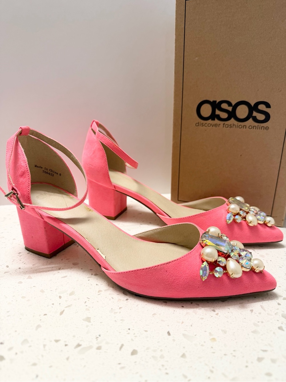 ASOS Pink Sparkle Heel UK Size 8 (US 10) Jewel Toe Ankle Strap Block Heel